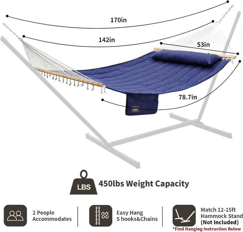 CHULIM Double Quilted Fabric Hammock with Hardwood Spreader Bars and Pillow 450 LBS Capacity 2 Person Large Hammock for Outdoor Patio Backyard Poolside - Dark Blue - Image 2